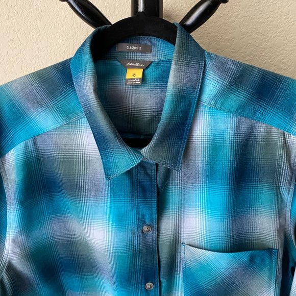 Eddie Bauer- Plaid Teal Long Sleeve Button Down, Size 2XL - Picture 2 of 6